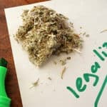 Weed on a paper with word legalize. Legalization of marijuana